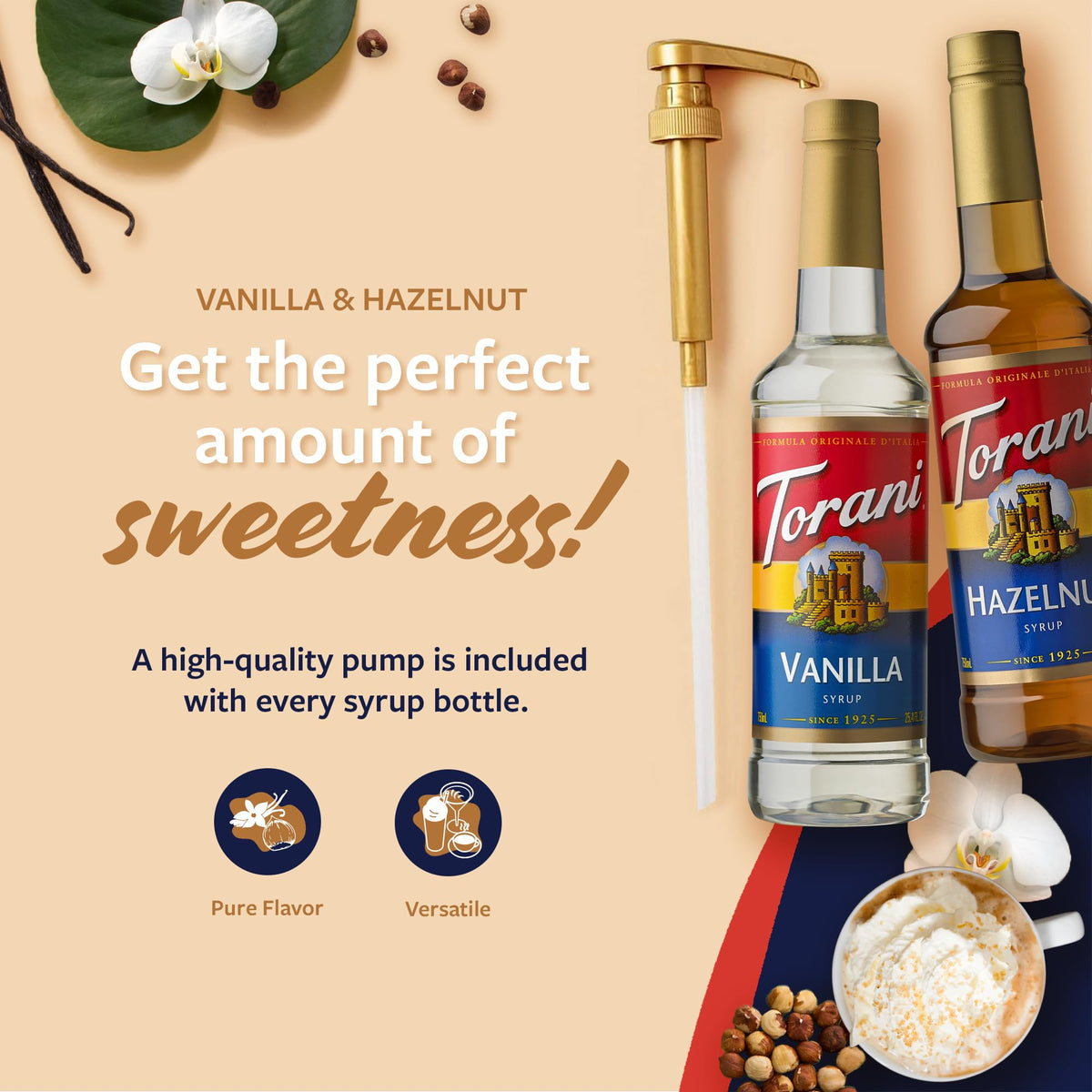 Torani Hazelnut & Vanilla Syrup 2-Pack with Pumps – 25.4 Fl Oz Each