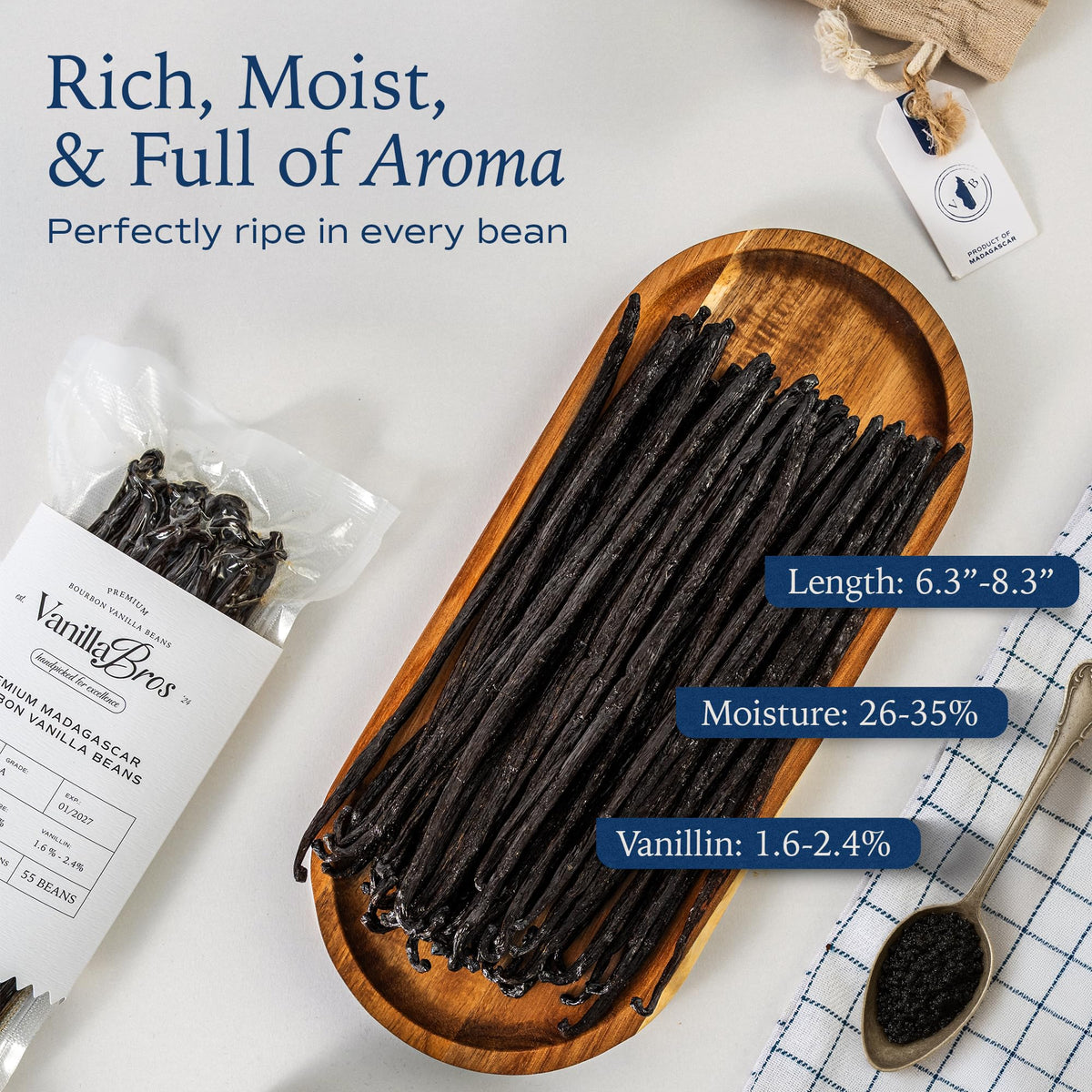 VanillaBros 55 Madagascar Vanilla Beans Grade A – Gourmet Bourbon Vanilla Pods (6.3–8.3 in) for Baking & Homemade Extract