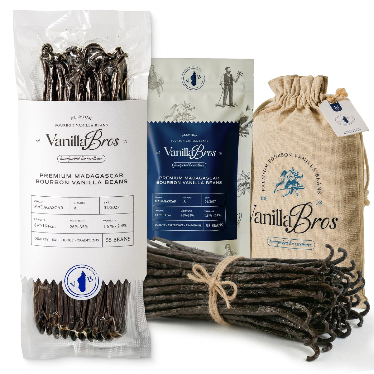 VanillaBros 55 Madagascar Vanilla Beans Grade A – Gourmet Bourbon Vanilla Pods (6.3–8.3 in) for Baking & Homemade Extract