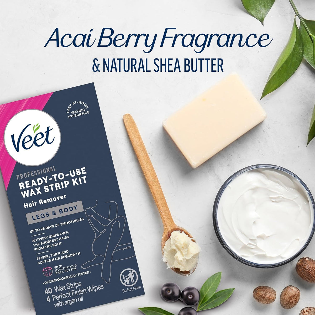 VEET Ready-To-Use Waxing Kit For Women, Wax Strips For Body Hair Removal, Wax Kit For Legs and Body, Personal Care Product, Hair Remover, 40ct Waxing Strips, 4ct Body Wipes (Pack of 3)
