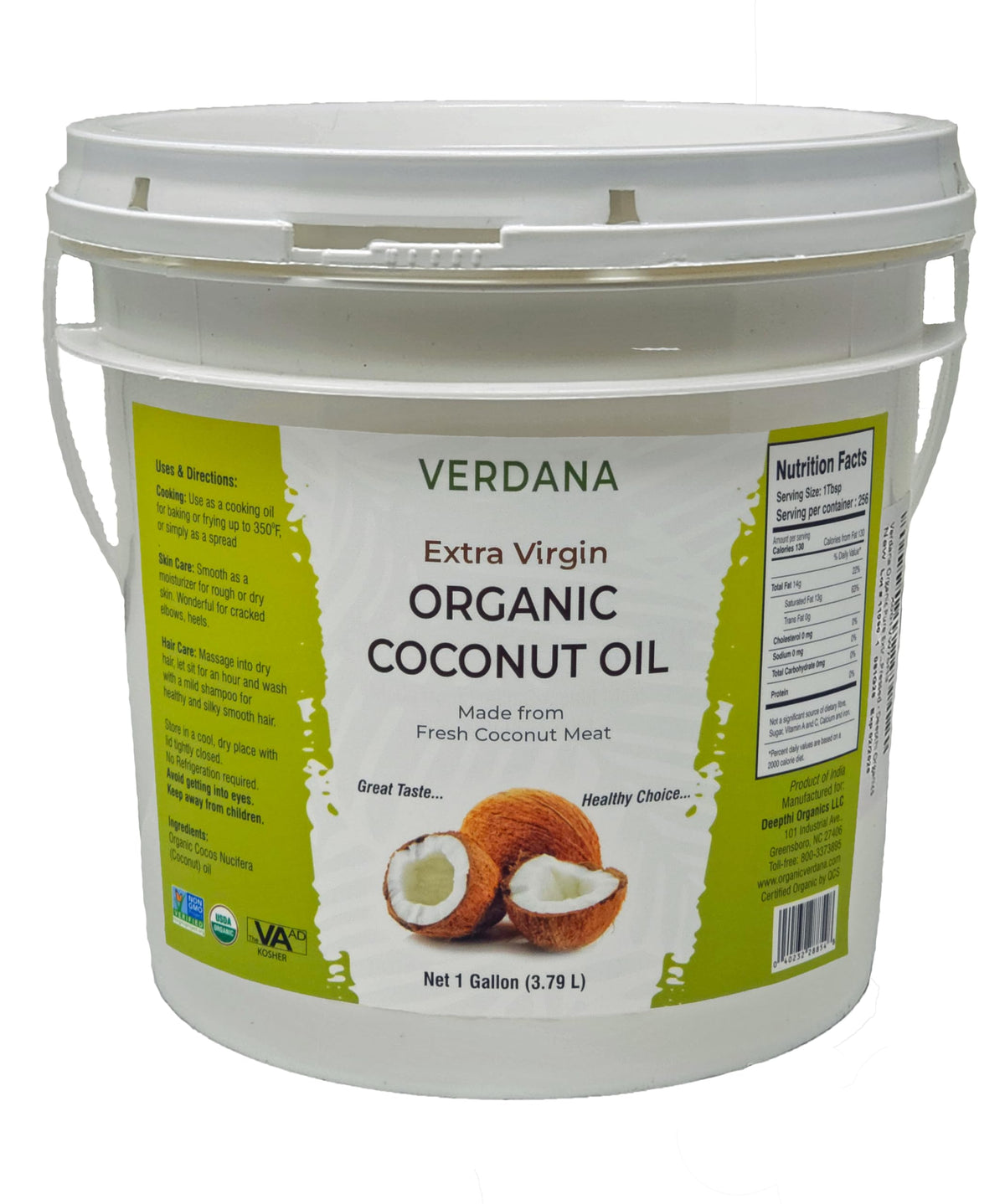 Verdana Organic Extra Virgin Coconut Oil — 1 Gallon Bulk, USDA Organic, Unrefined & Cold Pressed | Cooking, Baking & Soap Making