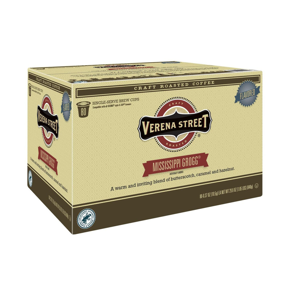 Verena Street Single Cup Pods (80 Count) Flavored Coffee — Mississippi Grogg, Rainforest Alliance Certified Arabica