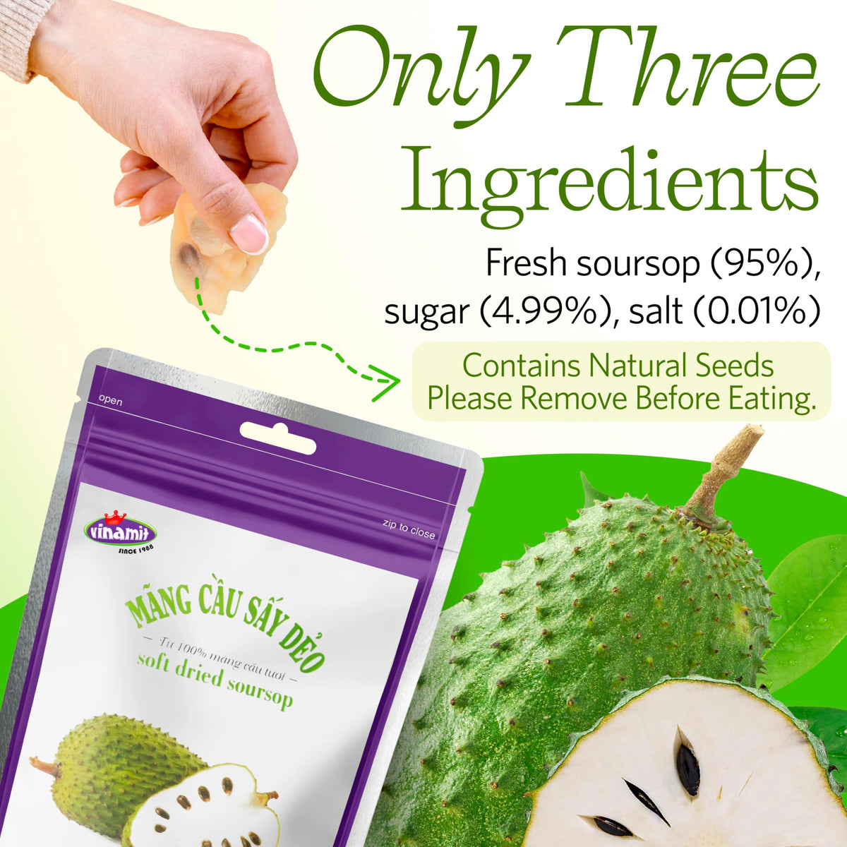 Vinamit Soft Dried Soursop Fruit with Seeds — 5 Pack (3.5 oz each) | Vegan, Gluten-Free, Non-GMO