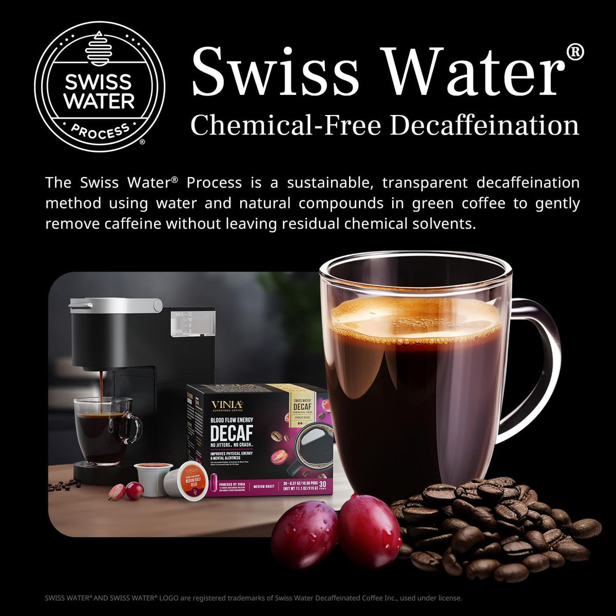 VINIA Decaf Medium-Dark Roast Coffee with Red Grape Piceid Resveratrol | 30-Count K-Cup Pods