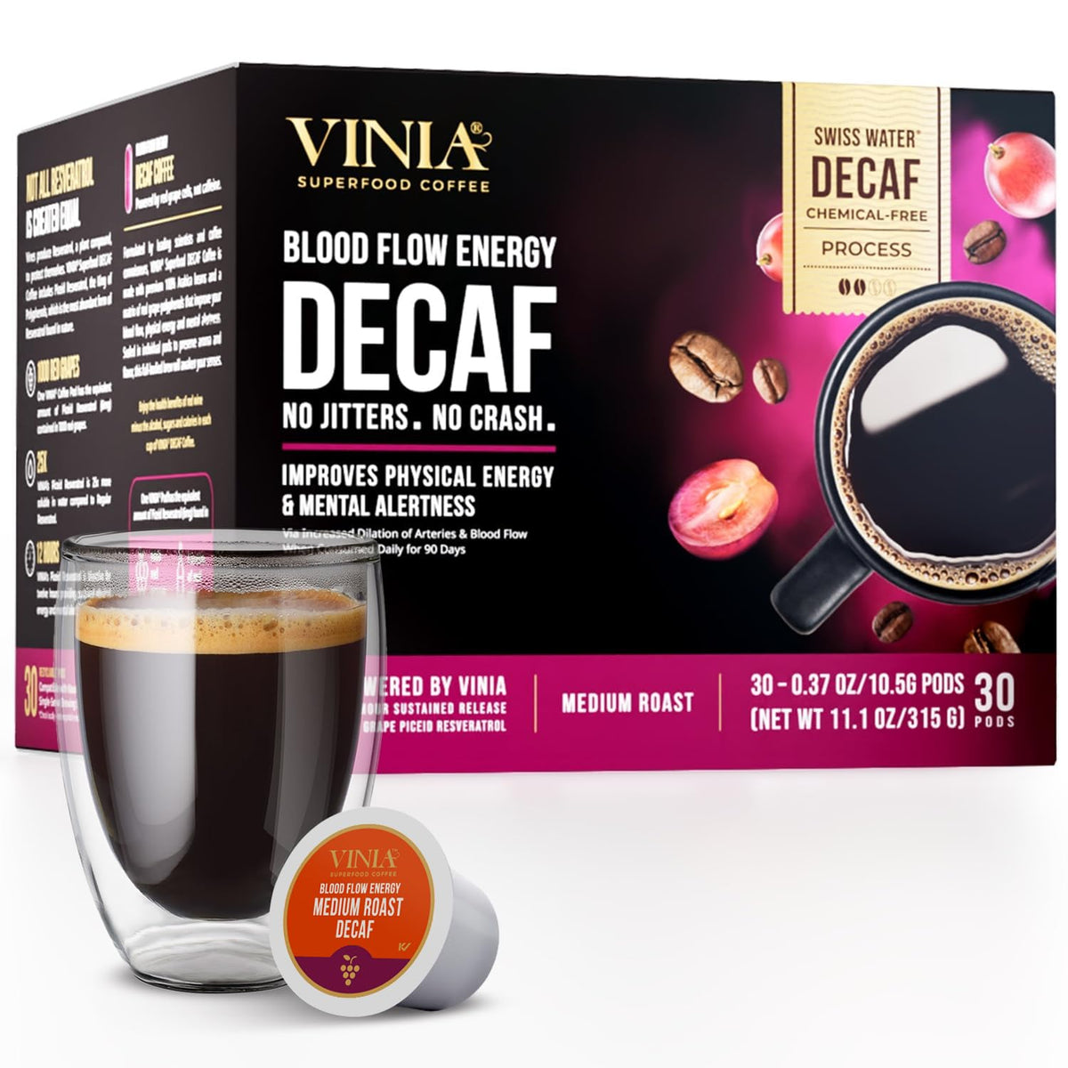 VINIA Decaf Medium-Dark Roast Coffee with Red Grape Piceid Resveratrol | 30-Count K-Cup Pods