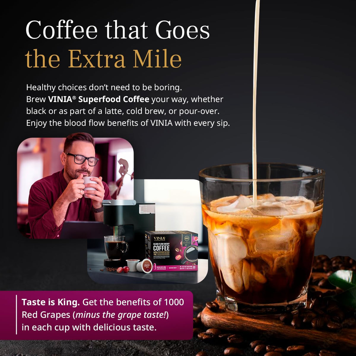 VINIA Medium Dark Roast Coffee Pods with Red Grape Polyphenols & Piceid Resveratrol – 30 K-Cups