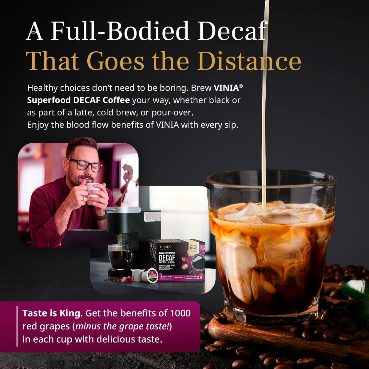 VINIA Decaf Medium-Dark Roast Coffee with Red Grape Piceid Resveratrol | 30-Count K-Cup Pods