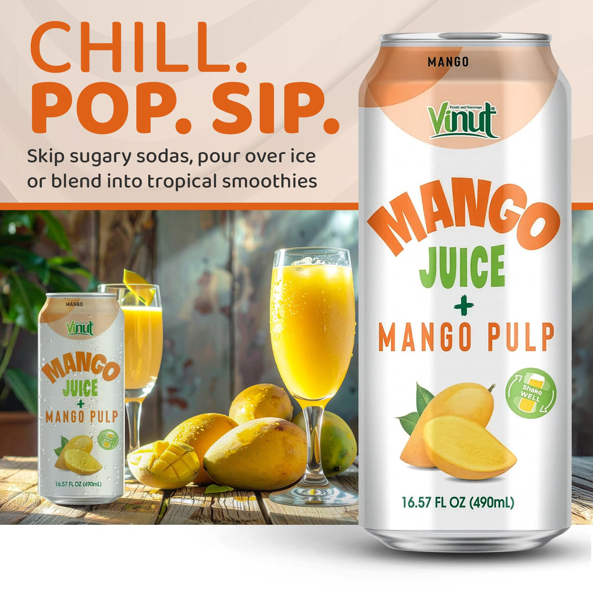 VINUT 100% Mango Juice with Pulp — Not From Concentrate, Pack of 12