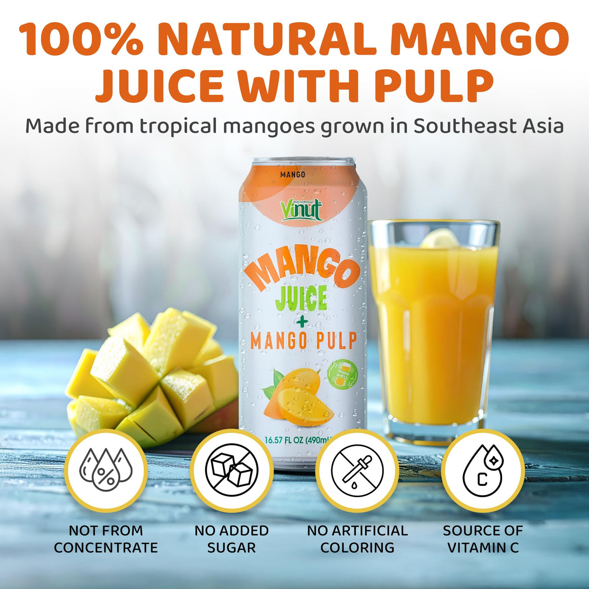 VINUT 100% Mango Juice with Pulp — Not From Concentrate, Pack of 12