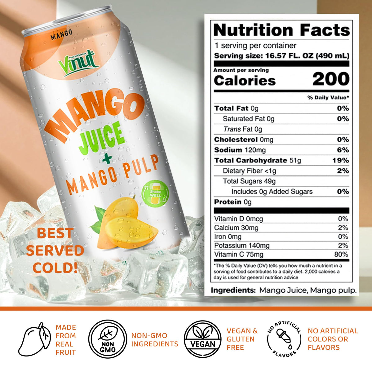 VINUT 100% Mango Juice with Pulp — Not From Concentrate, Pack of 12