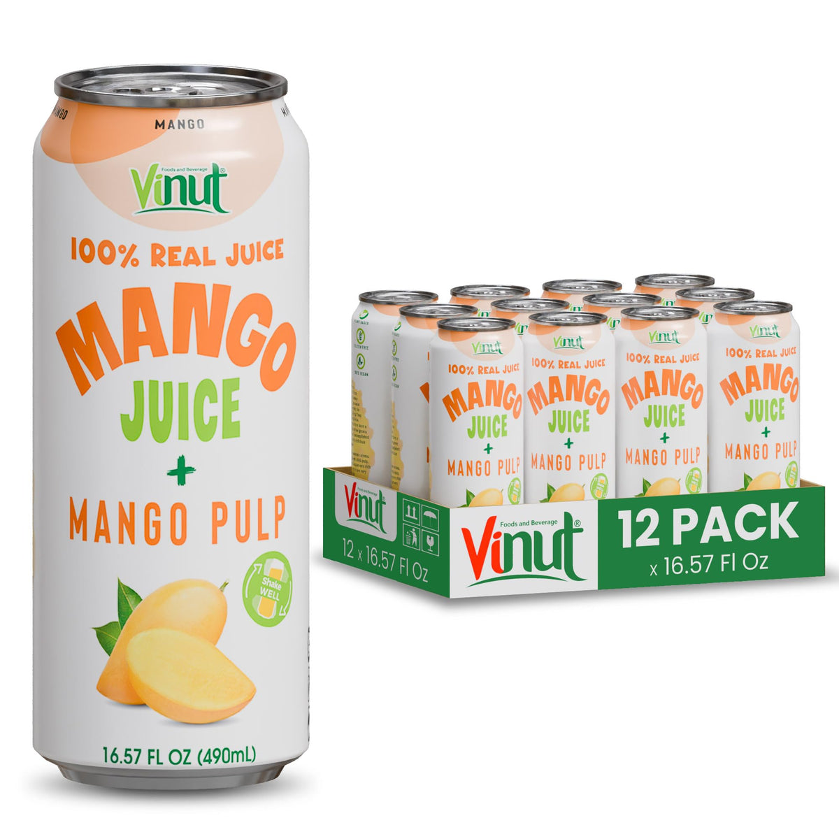 VINUT 100% Mango Juice with Pulp — Not From Concentrate, Pack of 12