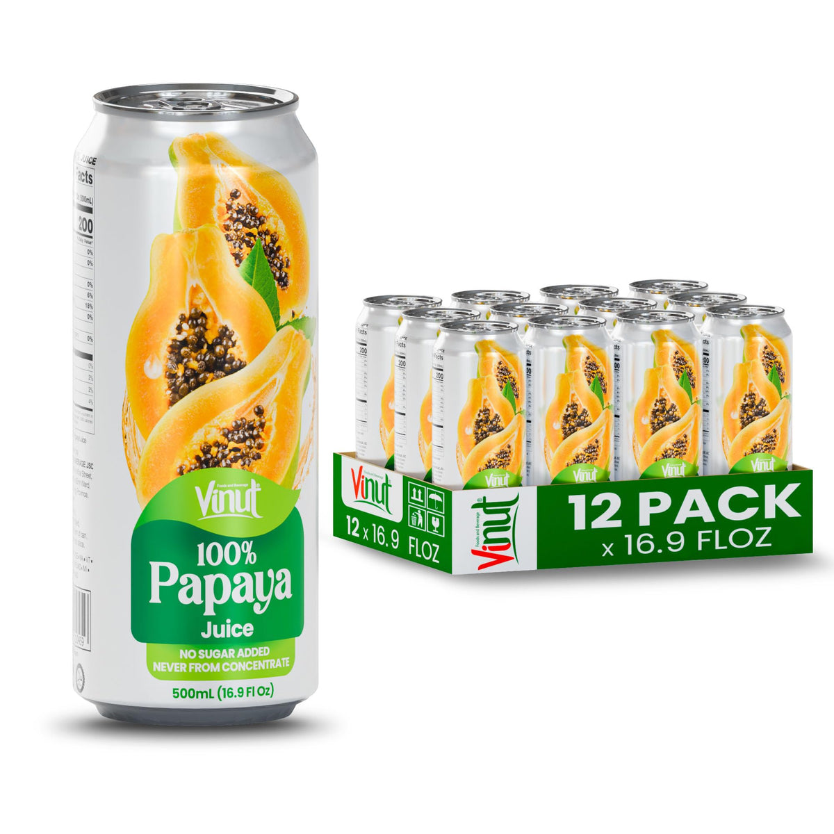 VINUT 100% Papaya Juice – No Added Sugar, Not From Concentrate, 16.9 fl oz Can, Pack of 12
