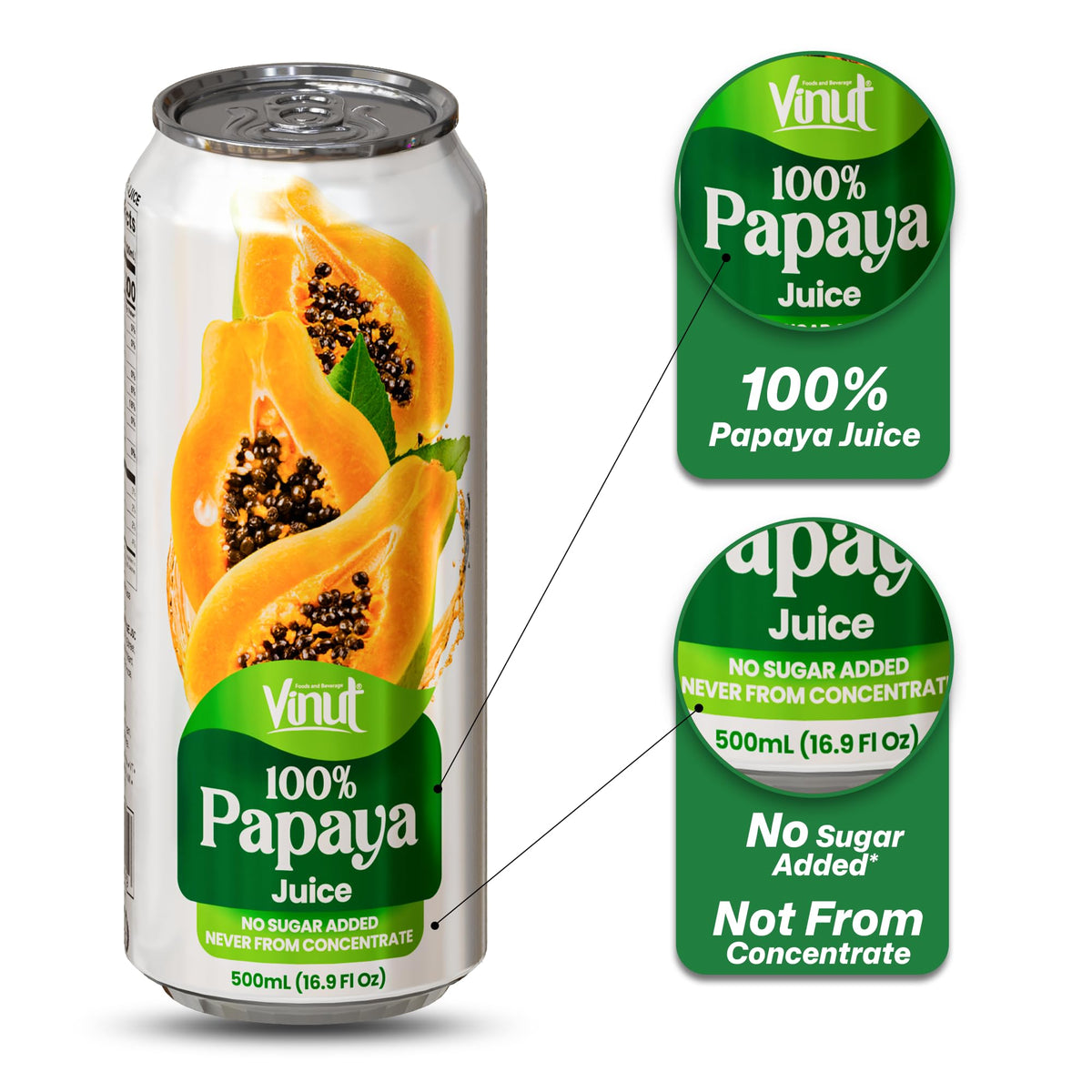 VINUT 100% Papaya Juice – No Added Sugar, Not From Concentrate, 16.9 fl oz Can, Pack of 12