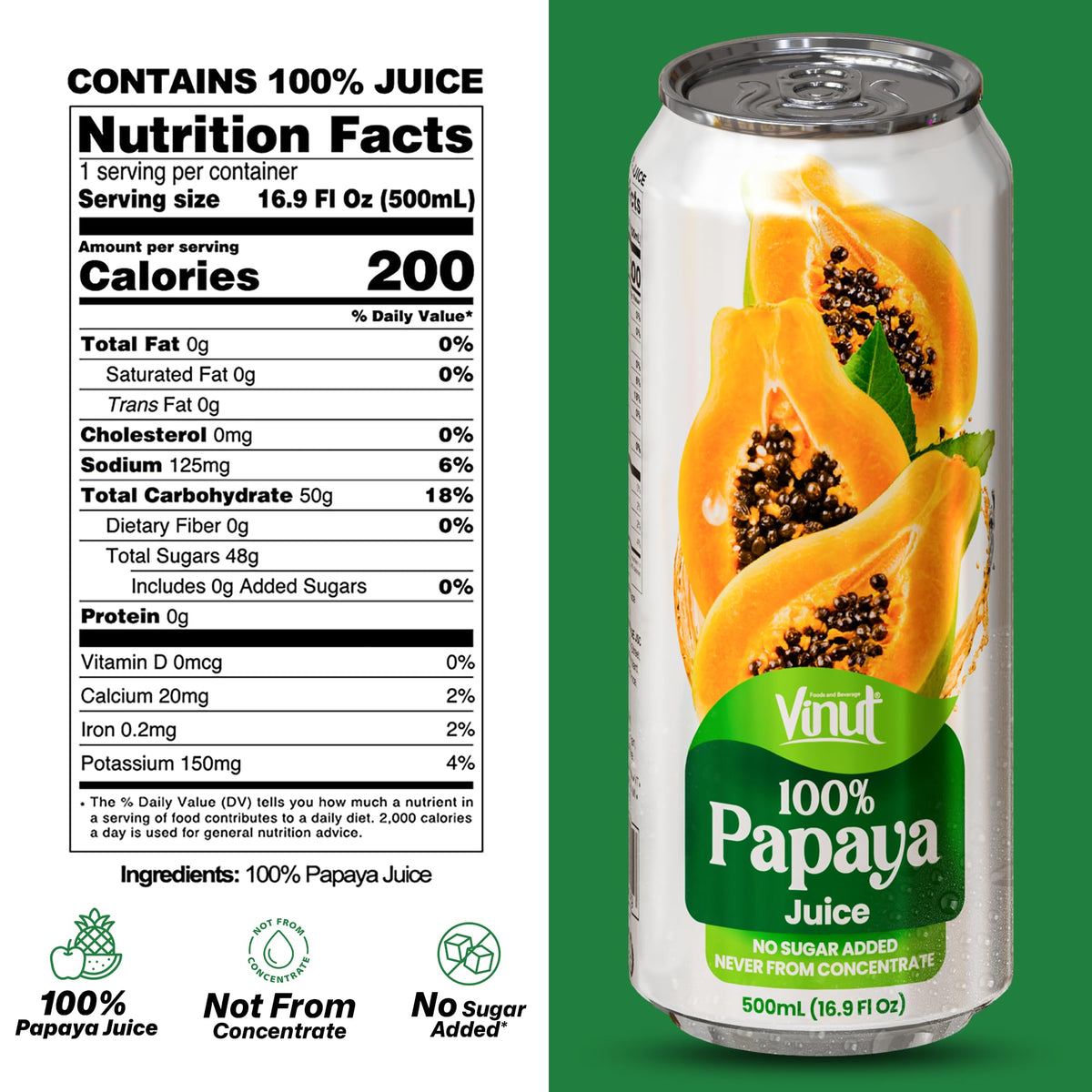 VINUT 100% Papaya Juice – No Added Sugar, Not From Concentrate, 16.9 fl oz Can, Pack of 12