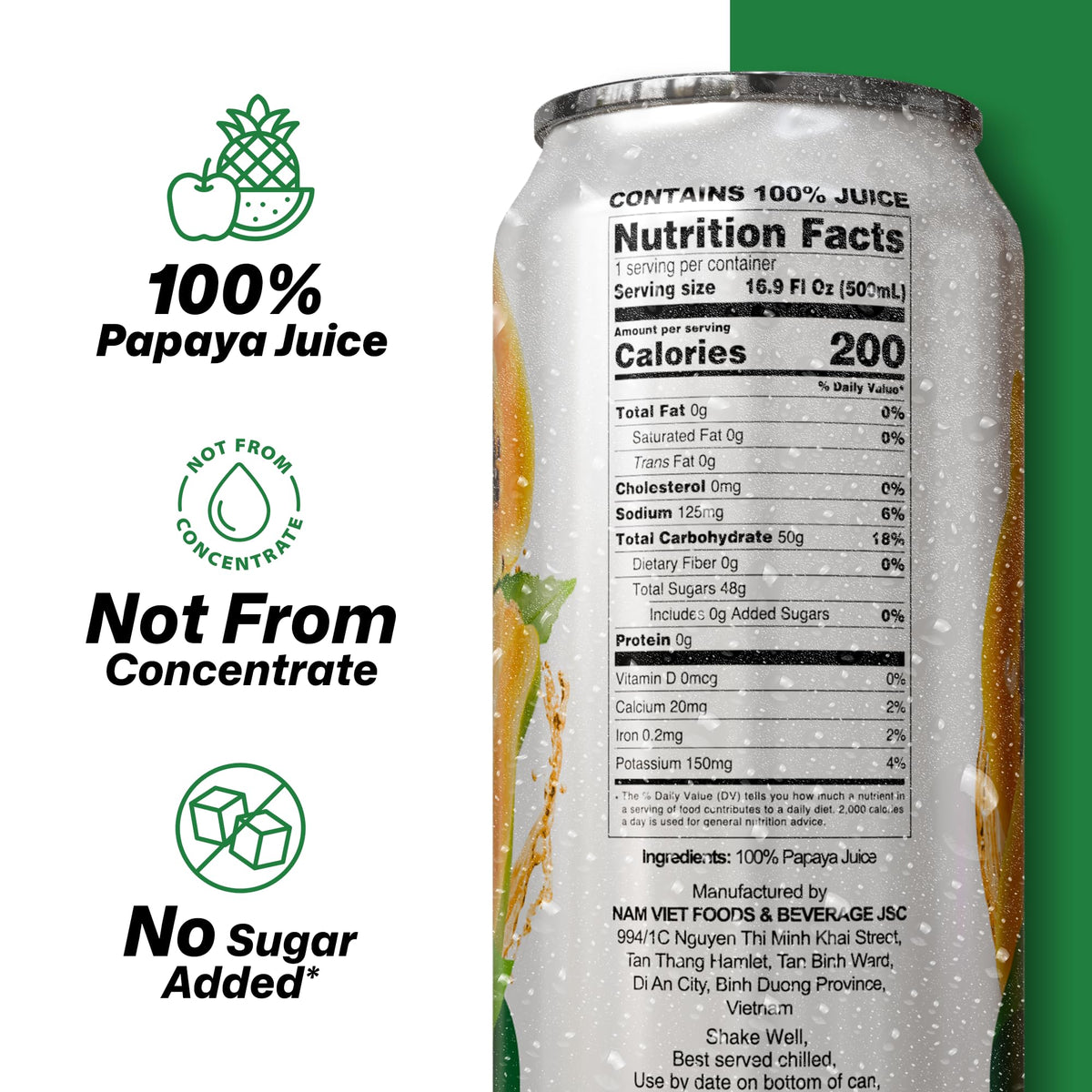 VINUT 100% Papaya Juice – No Added Sugar, Not From Concentrate, 16.9 fl oz Can, Pack of 12