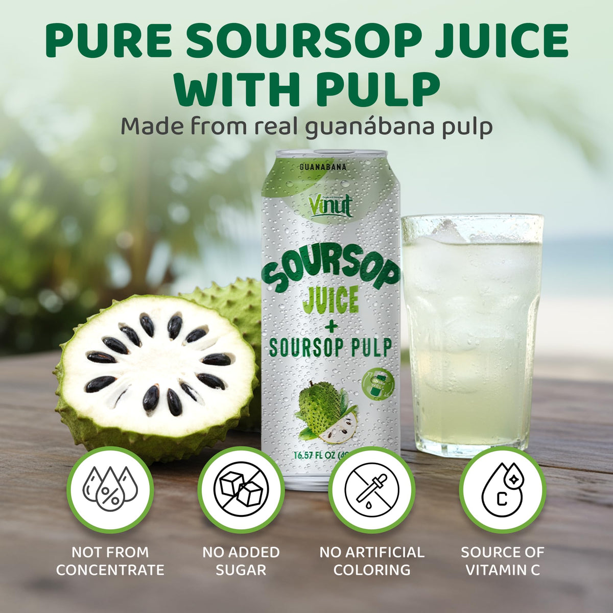 VINUT 100% Soursop Juice with Pulp NFC – No Sugar Added (Pack 12)