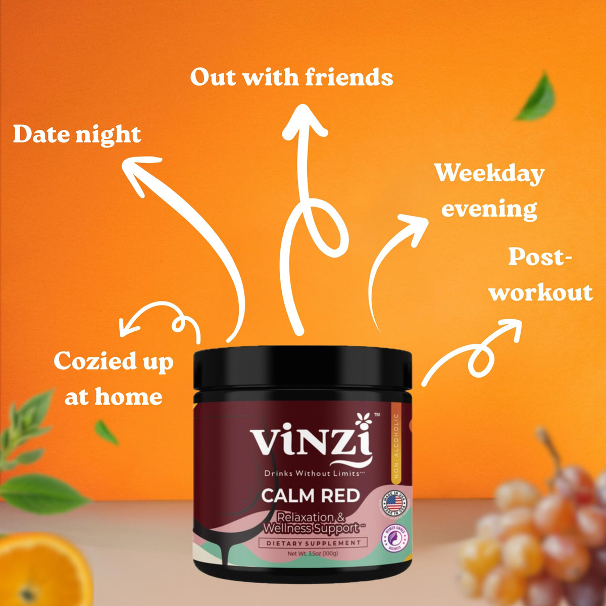 Vinzi Non-Alcoholic Calm Drink Mix – Wine-Style Ritual with Ashwagandha & L-Theanine, 8oz (20 Servings)