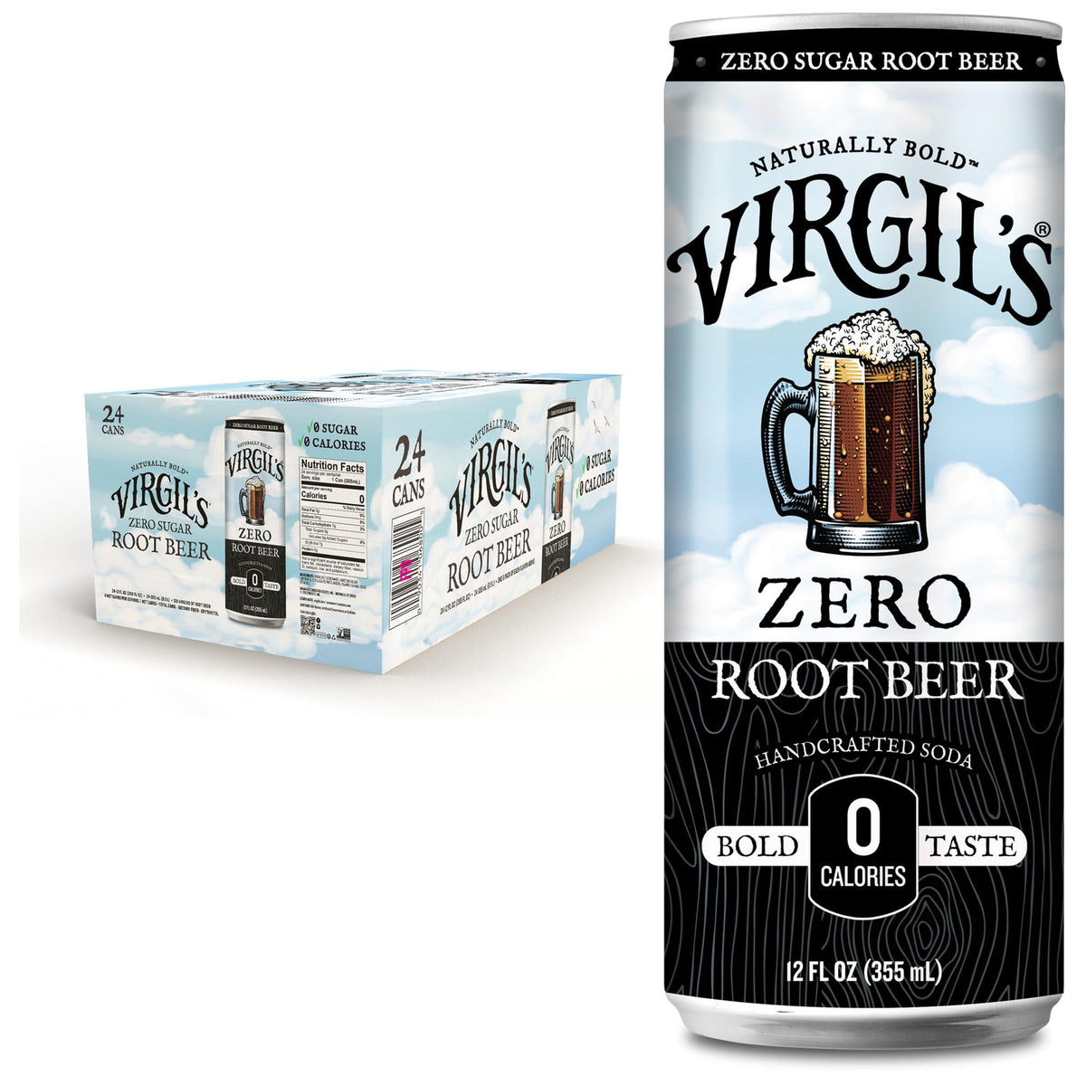Virgil's Zero Sugar Root Beer – 24 Pack, 12oz Slim Cans | Zero Calorie, Rich Creamy Flavor
