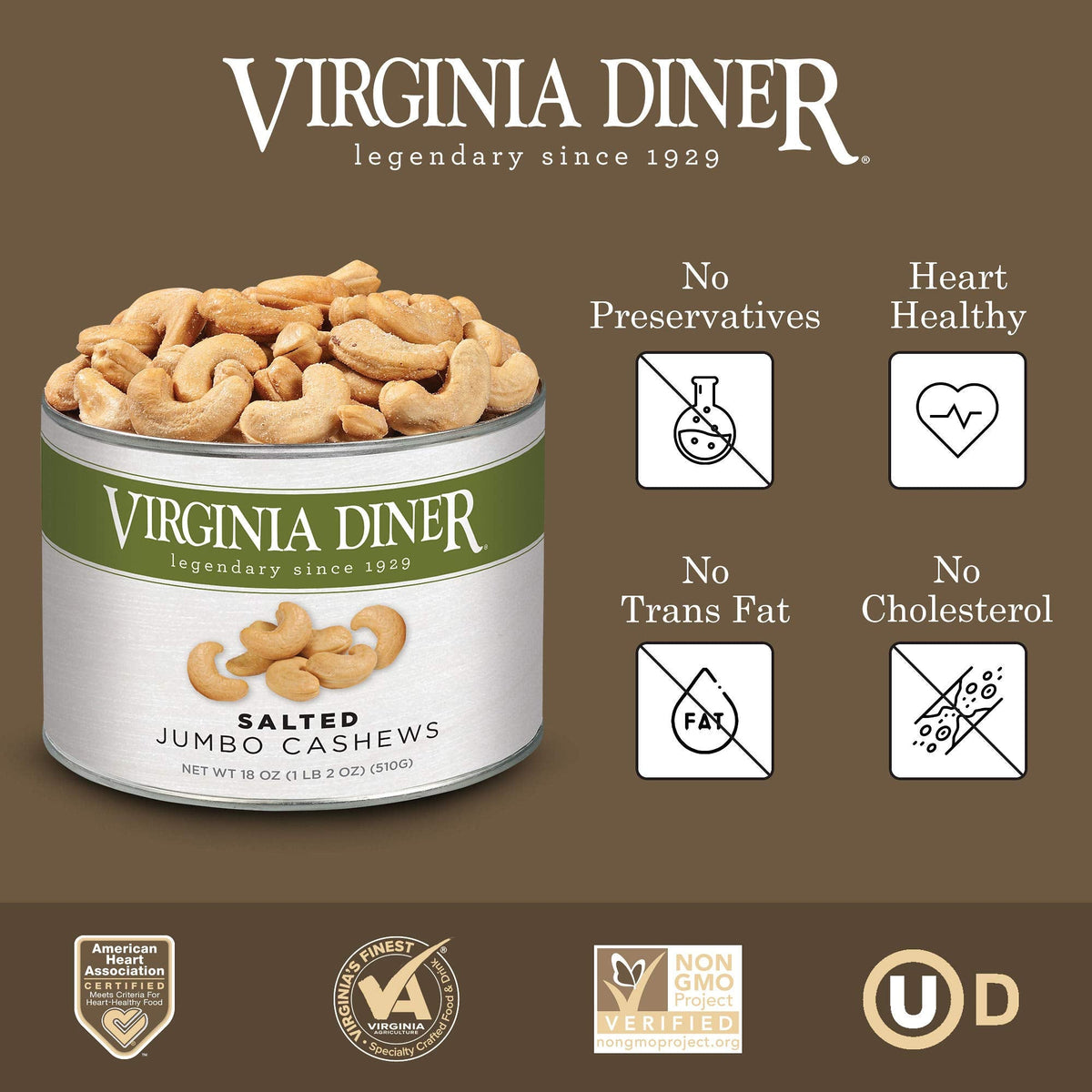 Virginia Diner Jumbo Salted Cashews - Non-GMO, Preservative-Free, 18 oz Can