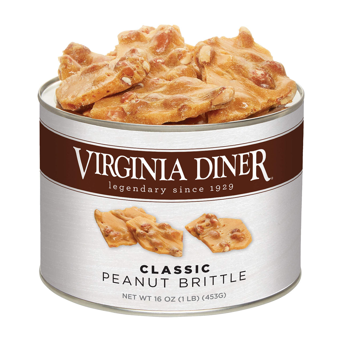 Virginia Diner Gourmet Natural Classic Peanut Brittle – XL Virginia Peanuts, Non-GMO, Preservative Free, 16 oz Tin