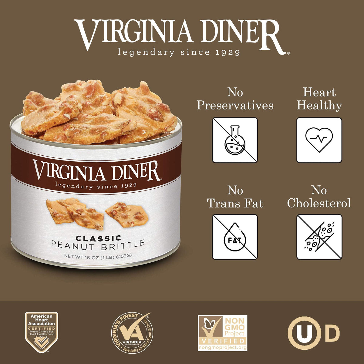 Virginia Diner Gourmet Natural Classic Peanut Brittle – XL Virginia Peanuts, Non-GMO, Preservative Free, 16 oz Tin