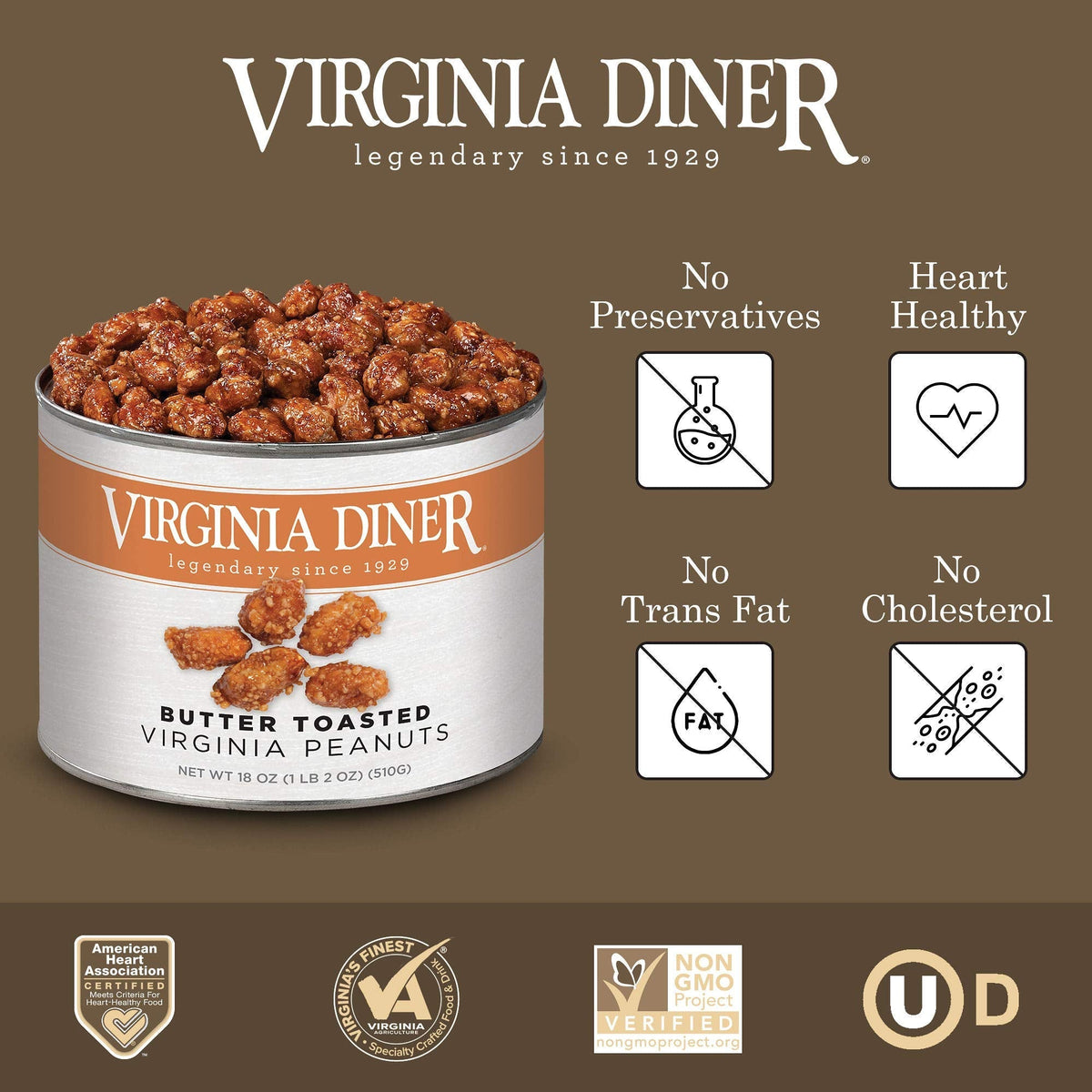 Virginia Diner Gourmet Natural Extra Large Butter Toasted Virginia Peanuts – 18 oz Tin