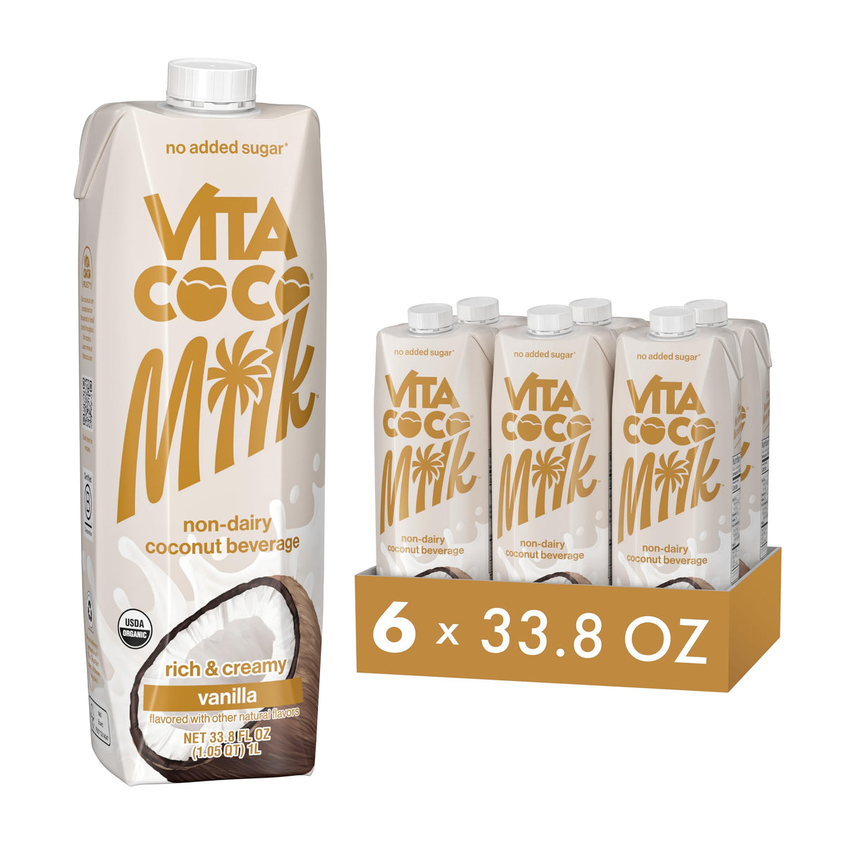 Vita Coco Vanilla Organic Coconut Milk – Plant-Based, Dairy-Free, Unsweetened (6 x 33.8 oz)