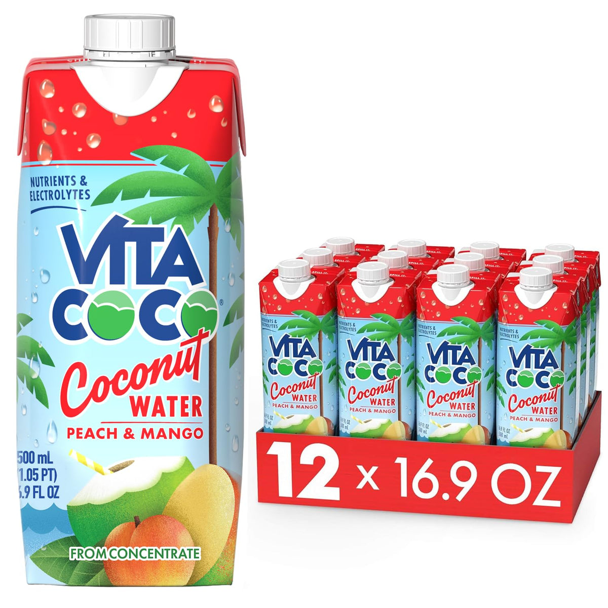 Vita Coco Coconut Water Peach & Mango – Naturally Hydrating Electrolyte Drink | Gluten Free | 16.9 Fl Oz (12-Pack)