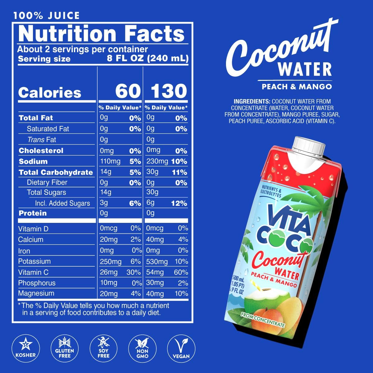 Vita Coco Coconut Water Peach & Mango – Naturally Hydrating Electrolyte Drink | Gluten Free | 16.9 Fl Oz (12-Pack)