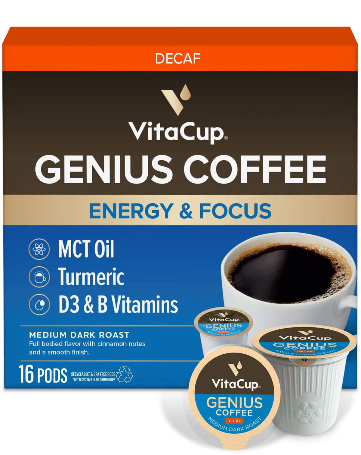 VitaCup Decaf Genius Keto Coffee Pods with MCT Oil, Turmeric & B Vitamins – Focus in a Single-Serve Pod (16 Ct)
