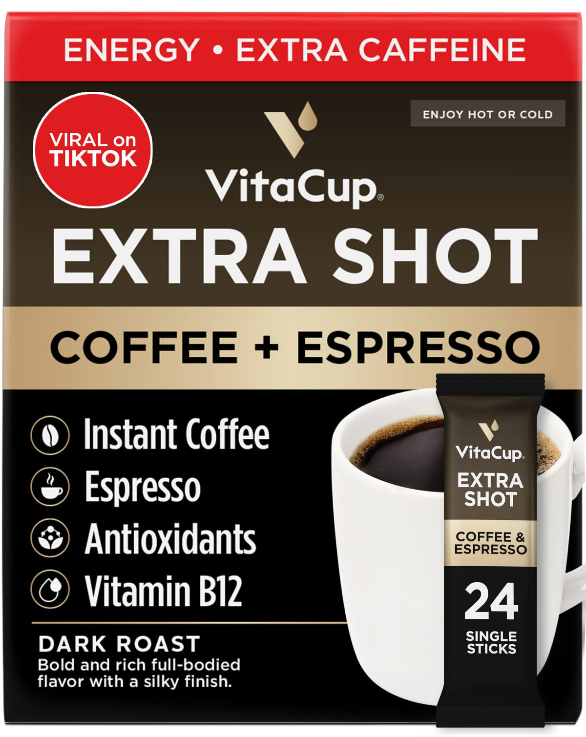 VitaCup Extra Shot Instant Coffee Packets with Espresso Shot – Red Eye High Caffeine, Vitamin B12 & Antioxidants, 24 Sticks