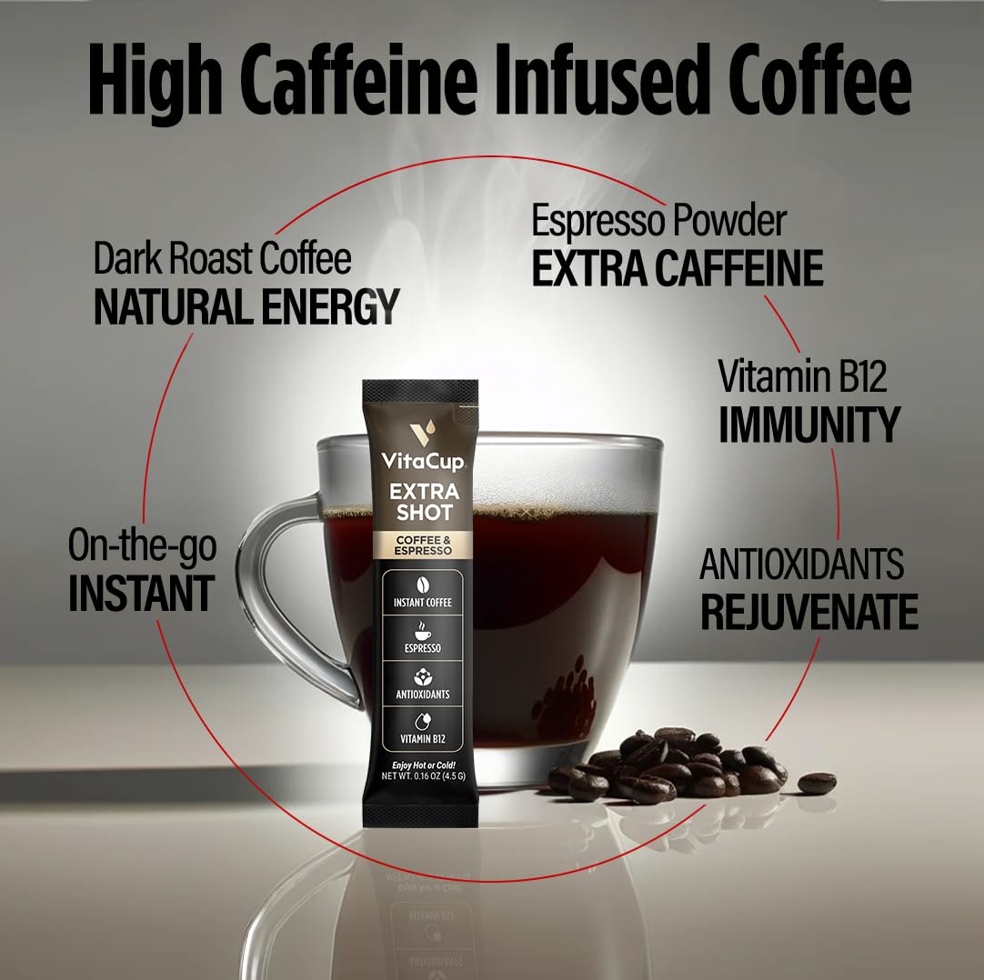 VitaCup Extra Shot Instant Coffee Packets with Espresso Shot – Red Eye High Caffeine, Vitamin B12 & Antioxidants, 24 Sticks