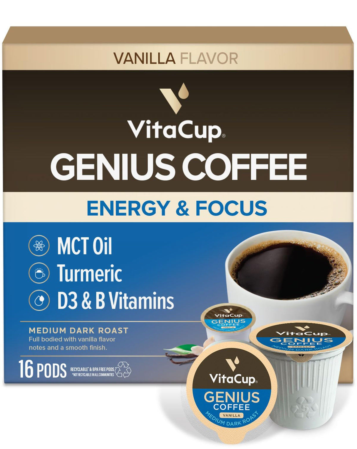VitaCup Genius Vanilla Keto Coffee Pods with MCT Oil, Turmeric, B Vitamins & D3 – 16 CT
