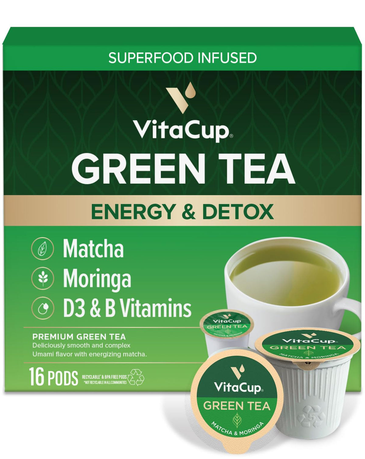 VitaCup Green Tea Pods with Matcha & Moringa – Energy, Detox & B Vitamins | Keurig K-Cup Compatible | 16 Ct