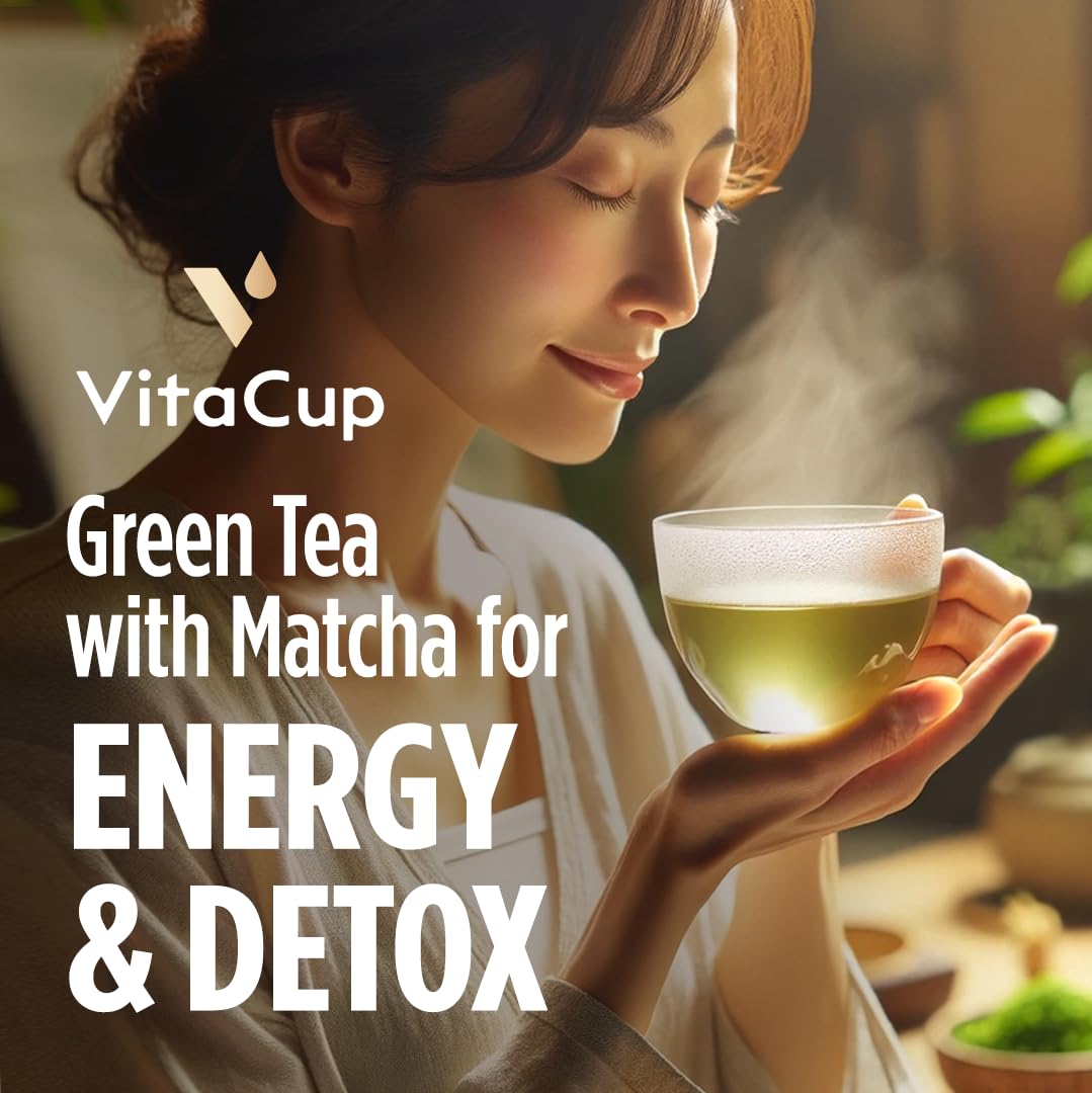 VitaCup Green Tea Pods with Matcha & Moringa – Energy, Detox & B Vitamins | Keurig K-Cup Compatible | 16 Ct
