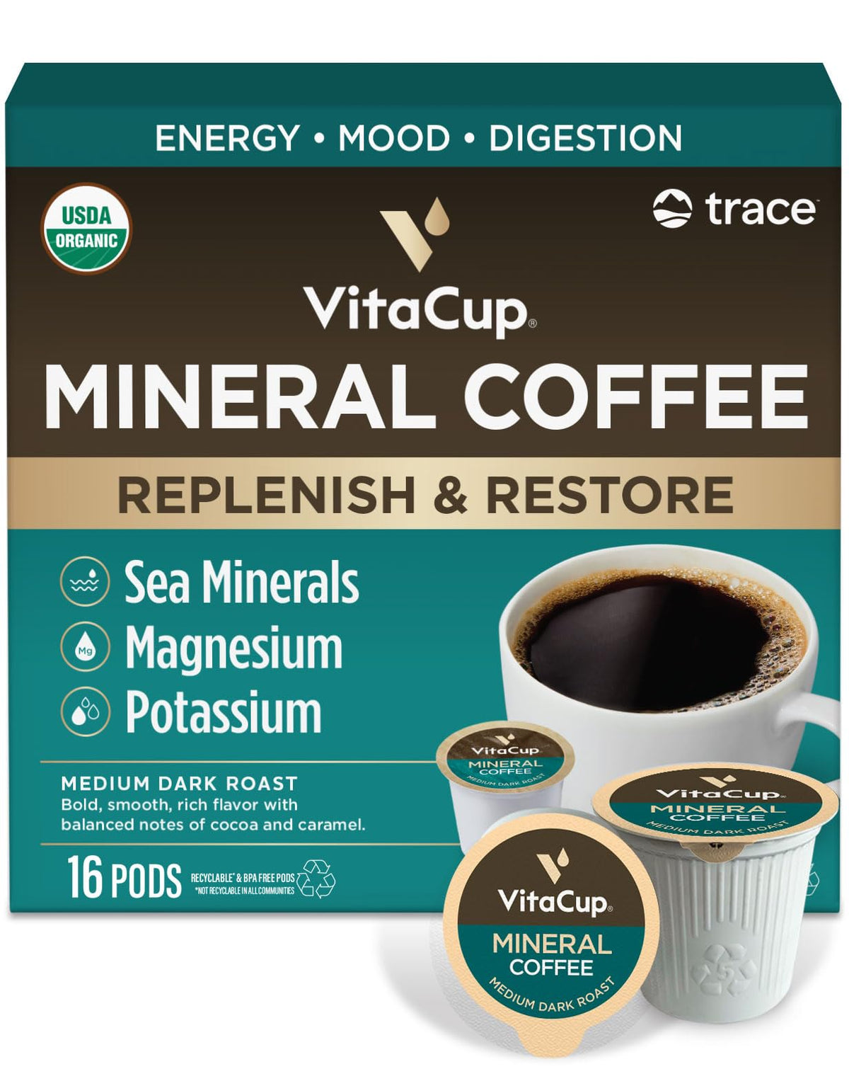 VitaCup Mineral Coffee Pods – Organic Medium-Dark Roast with Sea Minerals, 16 Ct