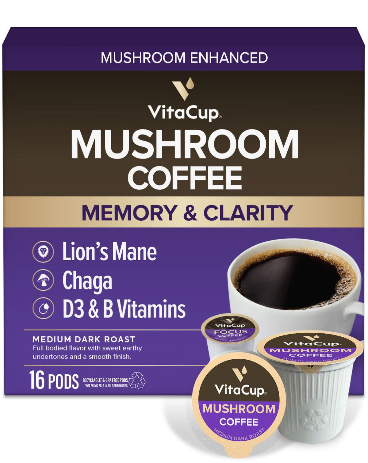 VitaCup Mushroom Coffee Pods with Lions Mane & Chaga, B Vitamins + D3 | Medium Roast, 16 Ct, Keurig K-Cup Compatible