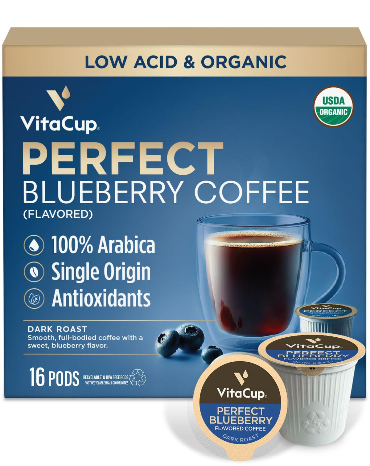 VitaCup Perfect Blueberry Low Acid Coffee Pods — Organic, Fair Trade, Guatemala Dark Roast (16 ct)
