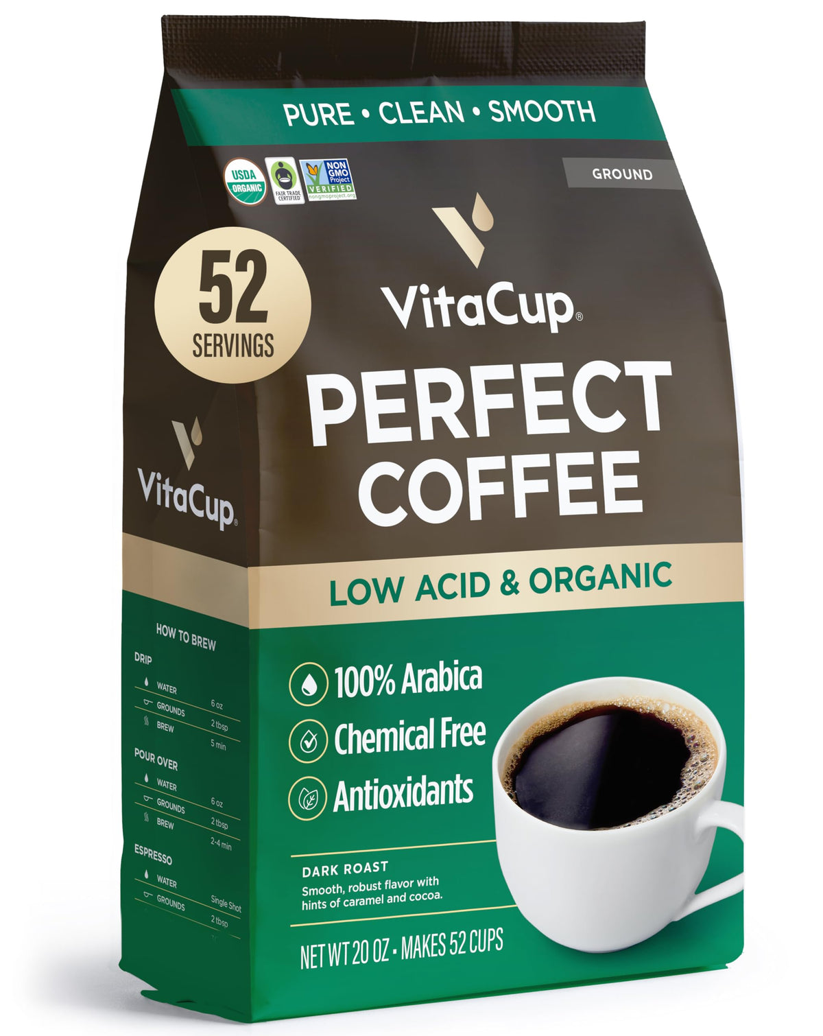 VitaCup Perfect Low Acid Ground Coffee – Organic, Fair Trade Guatemala Dark Roast, 20 oz