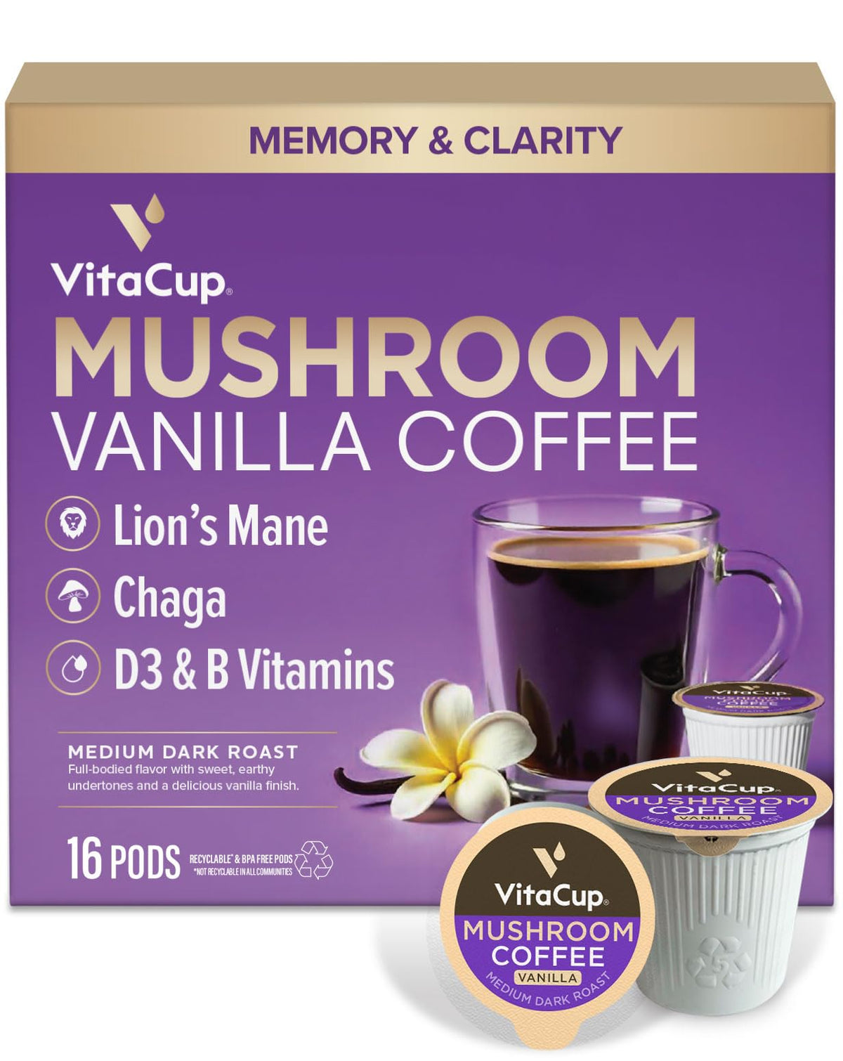 VitaCup Vanilla Mushroom Coffee Pods - Lion's Mane, Chaga & Vitamins - Keurig Compatible, 16 Ct