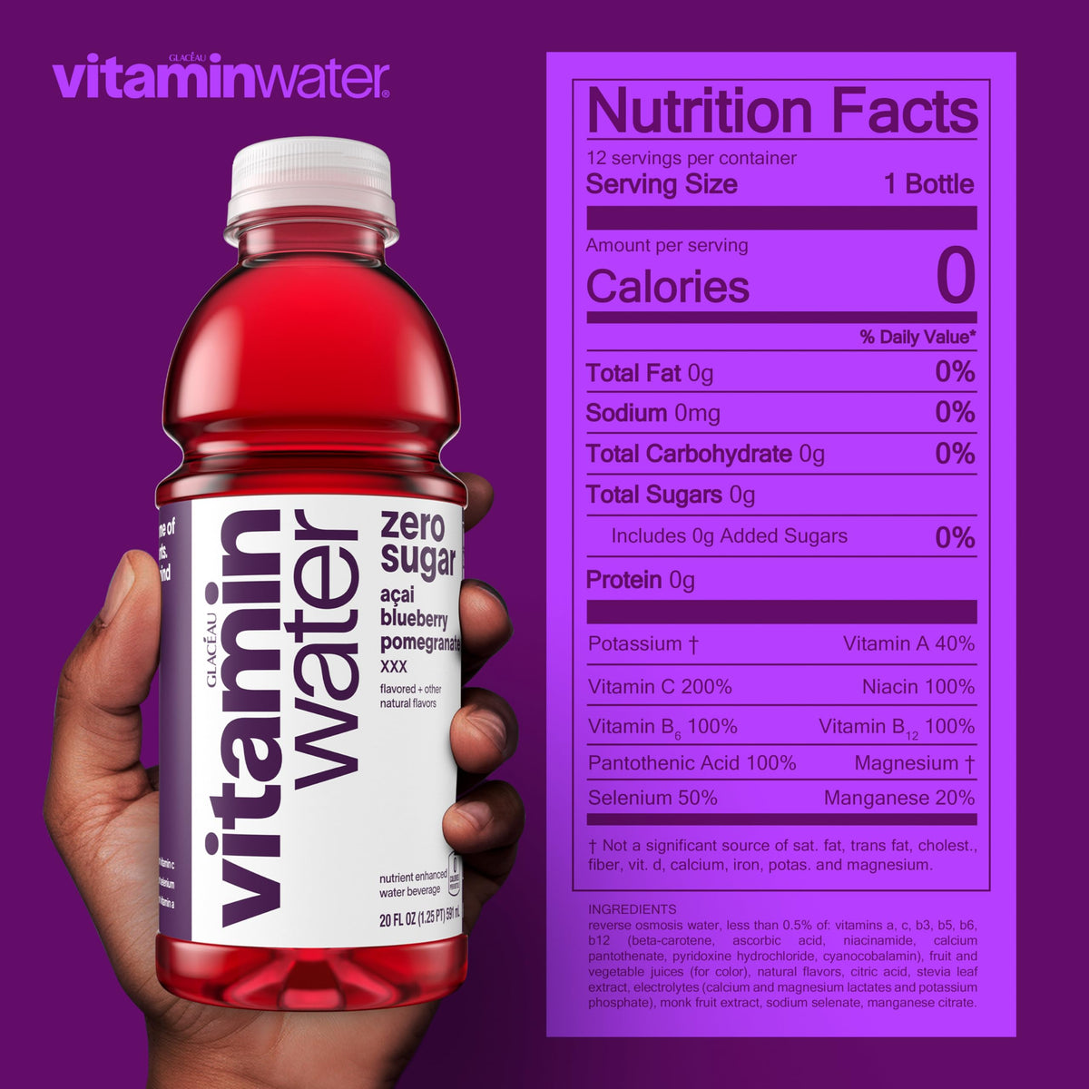 Vitaminwater XXX Acai-Blueberry-Pomegranate Zero Sugar Flavored Water, 20 oz Bottle, 12 Pack