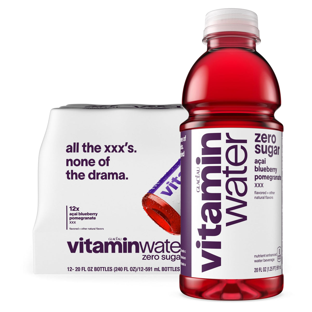 Vitaminwater XXX Acai-Blueberry-Pomegranate Zero Sugar Flavored Water, 20 oz Bottle, 12 Pack