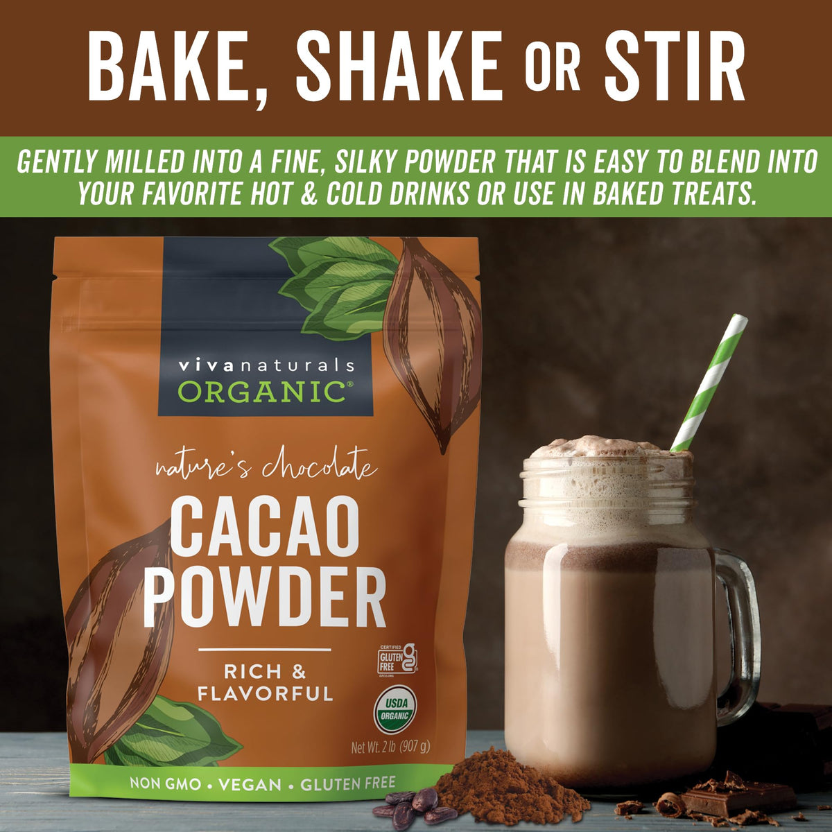 Viva Naturals Organic Cacao Powder, Unsweetened, 2 lb (907 g) – Rich Dark Chocolate Flavor for Baking, Smoothies & More