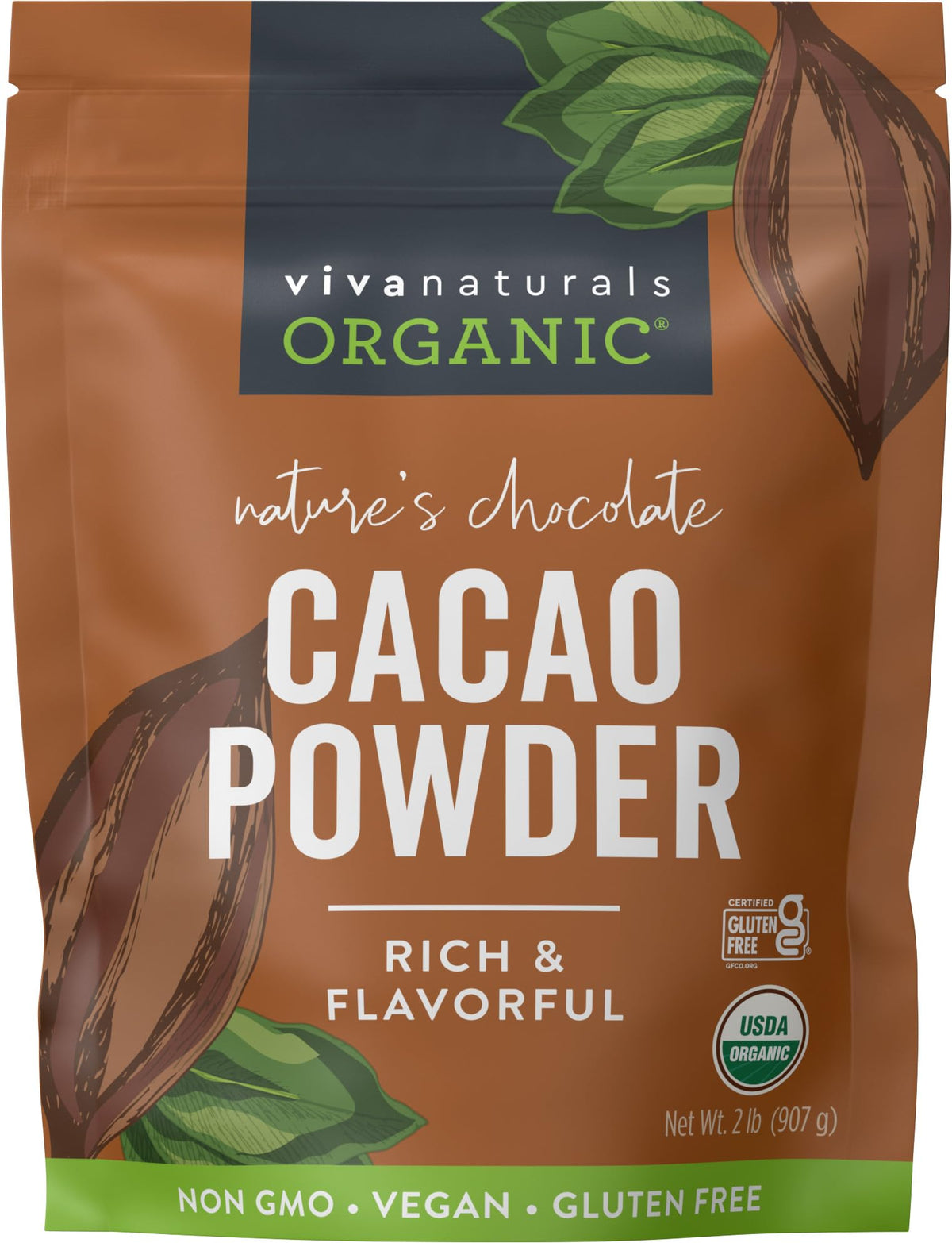 Viva Naturals Organic Cacao Powder, Unsweetened, 2 lb (907 g) – Rich Dark Chocolate Flavor for Baking, Smoothies & More