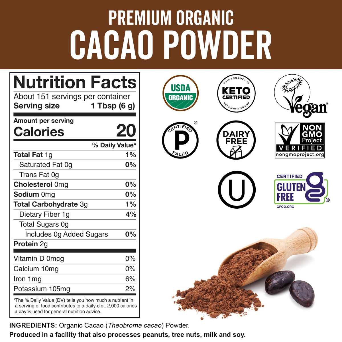 Viva Naturals Organic Cacao Powder, Unsweetened, 2 lb (907 g) – Rich Dark Chocolate Flavor for Baking, Smoothies & More