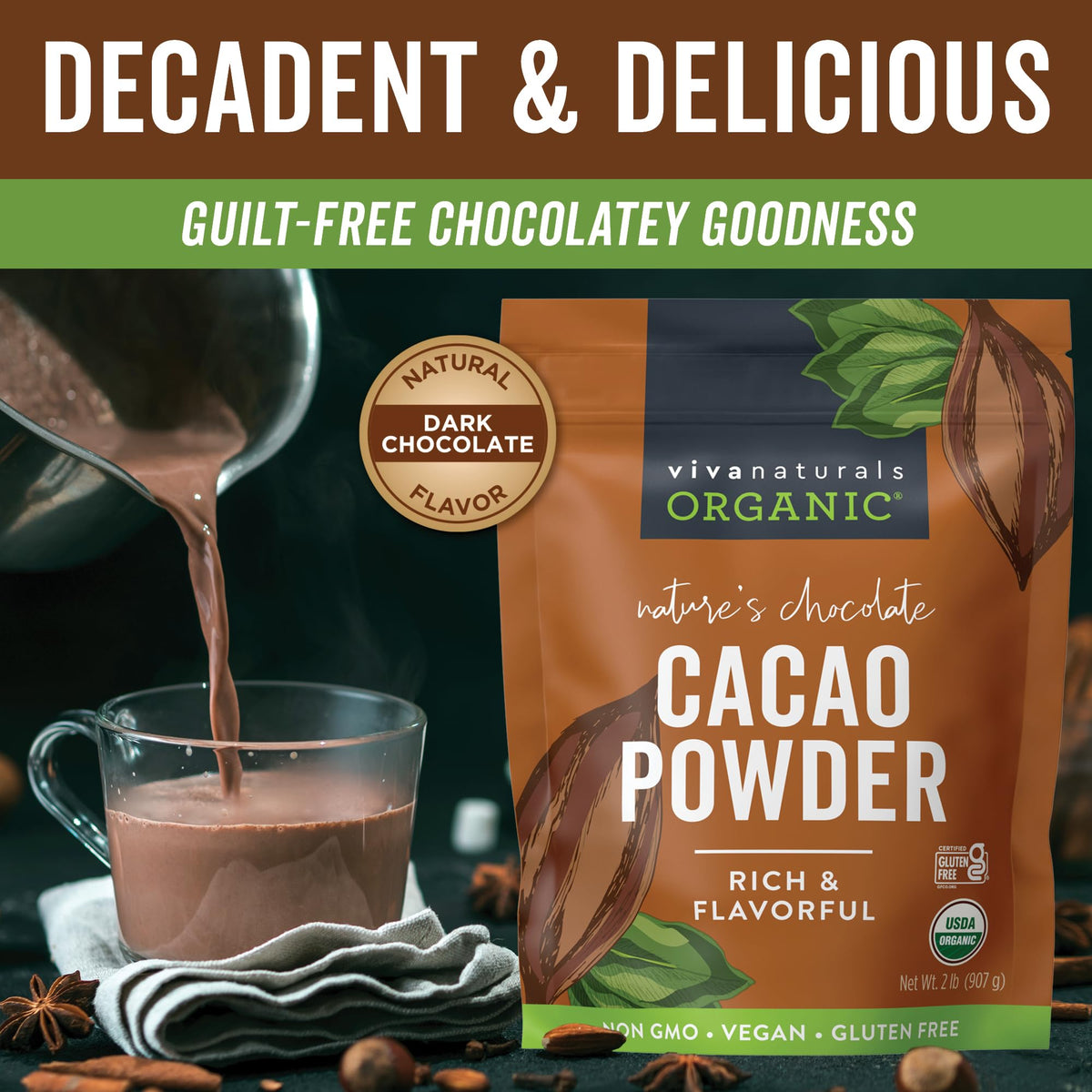 Viva Naturals Organic Cacao Powder, Unsweetened, 2 lb (907 g) – Rich Dark Chocolate Flavor for Baking, Smoothies & More