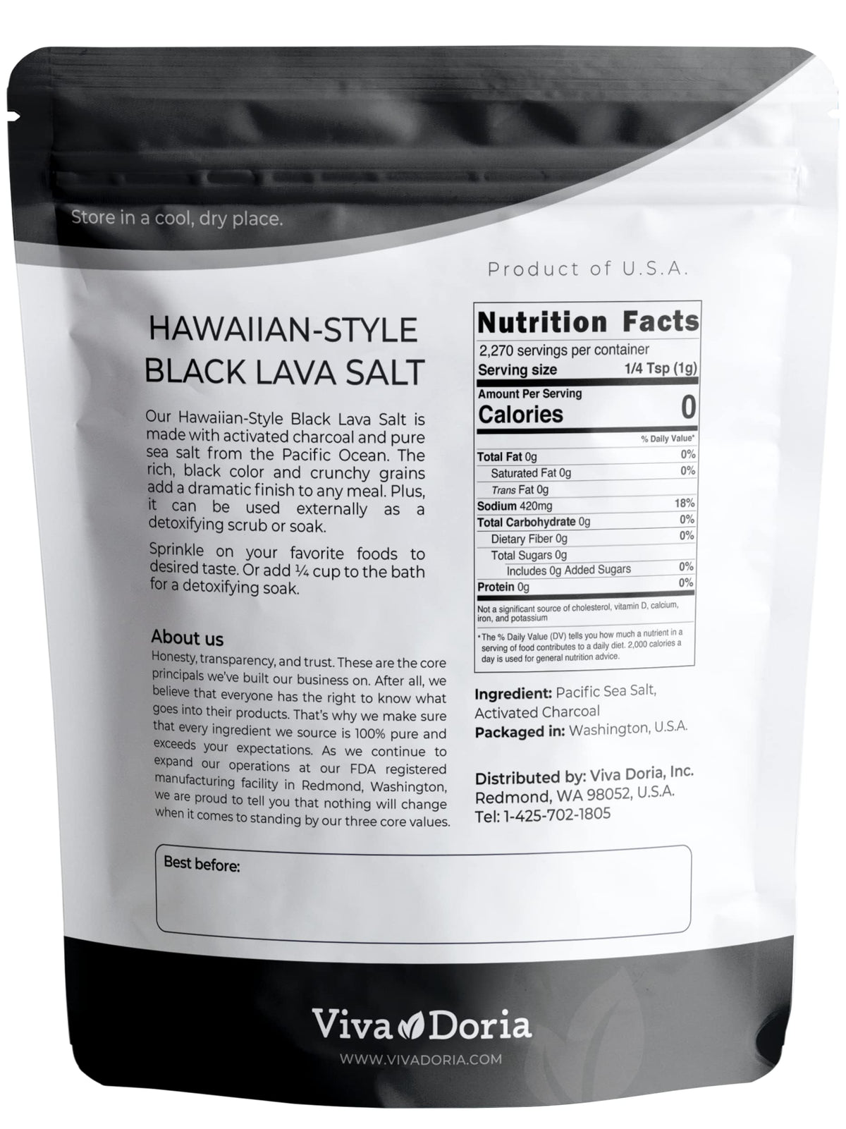 Viva Doria Hawaiian Black Lava Sea Salt – Fine Grain, 5 lb (2.27 kg)