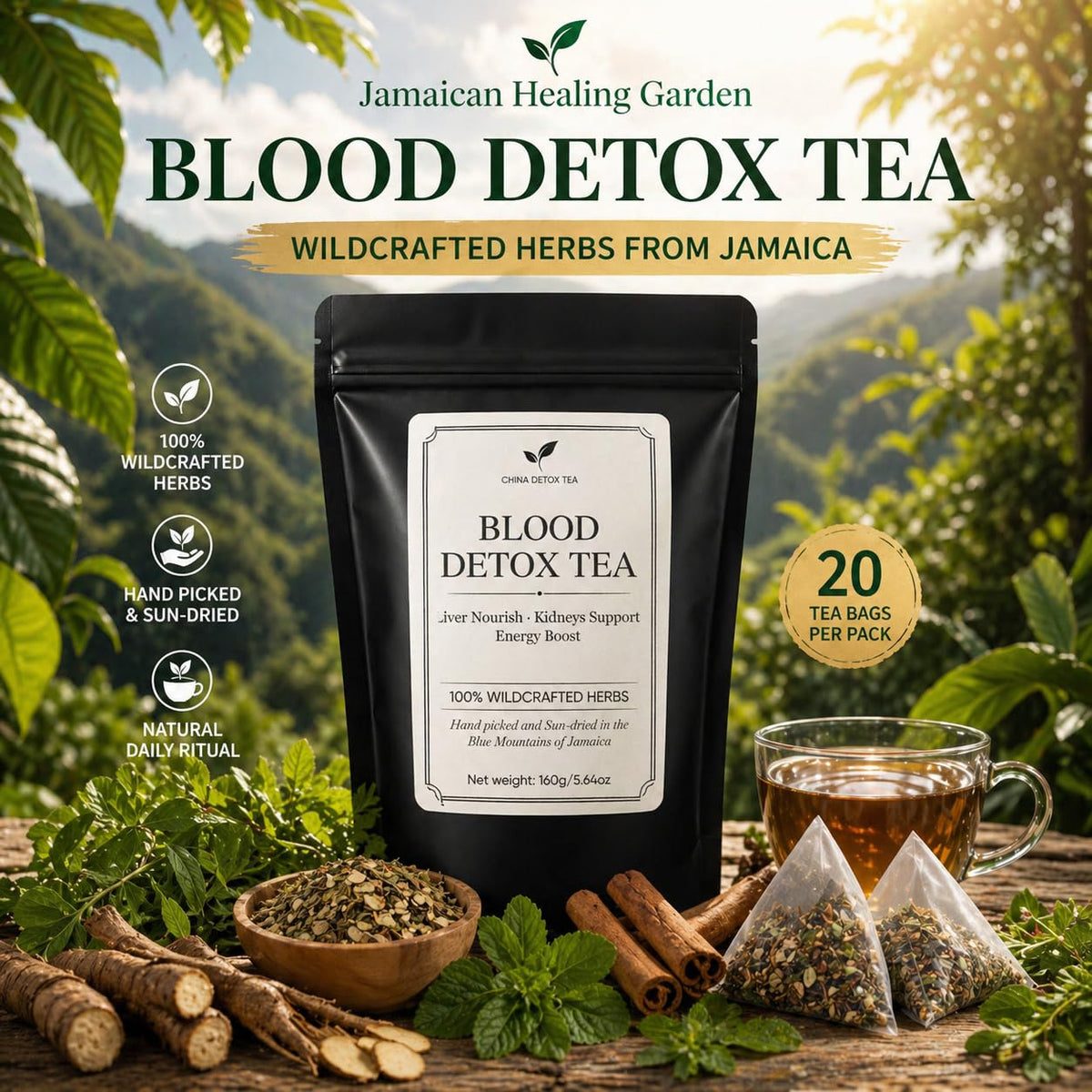 VivaMelhor Jamaican Healing Garden Blood Detox Tea – Wildcrafted Jamaica Herbs, 160g