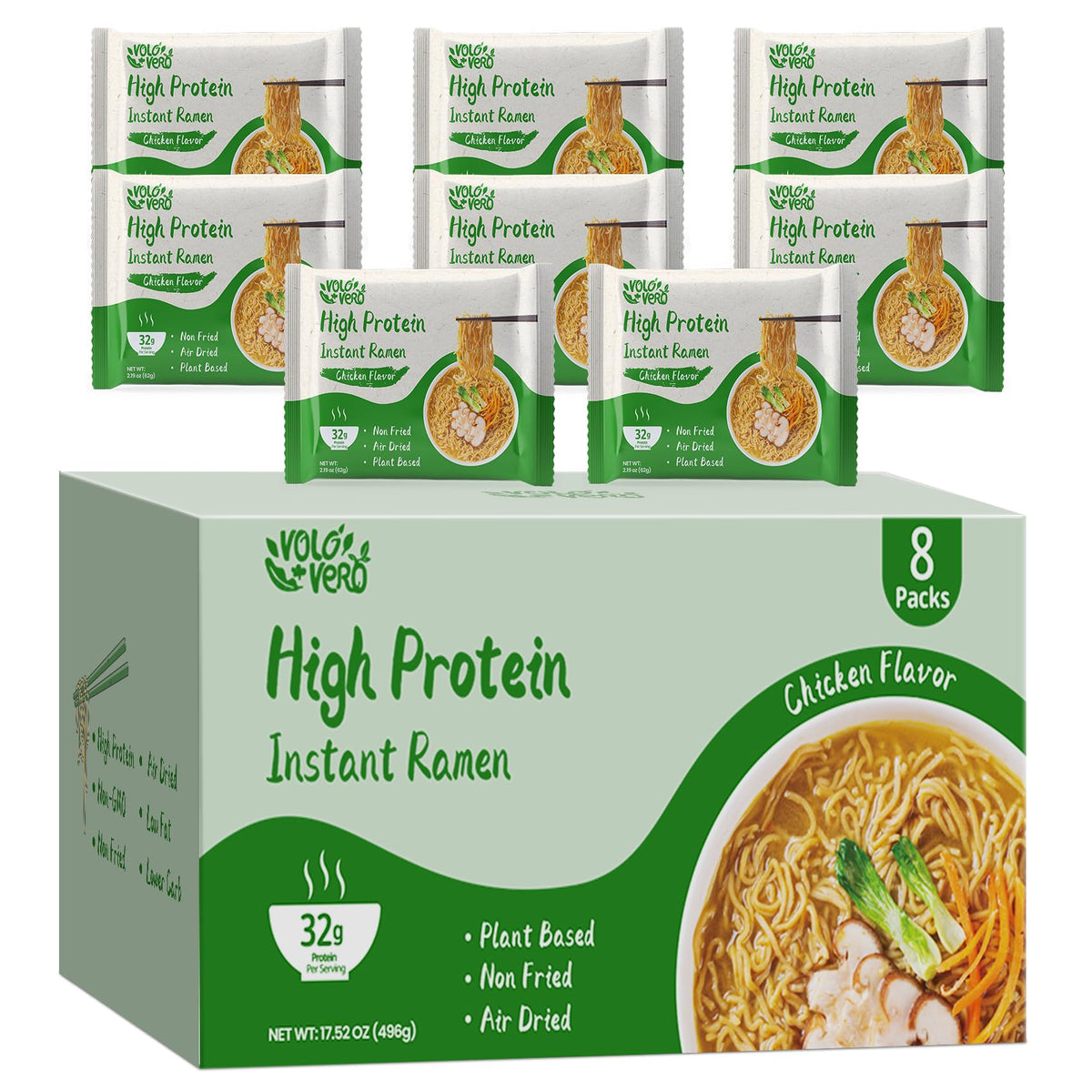 VOLO VERO High Protein 32g Instant Ramen Noodles — Chicken Flavor, 8 Packs, Plant-Based