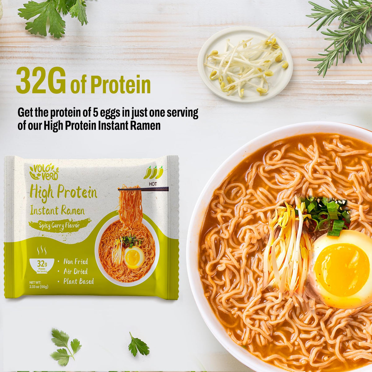 VOLO VERO High Protein Ramen Noodles – Spicy Curry (32g), 8 Pack, Vegan & Non-Fried